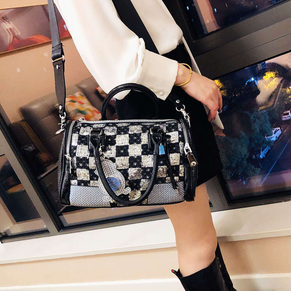 Backpack checkered denim handbag trendy new fashion sequin large capacity pillow bag for women