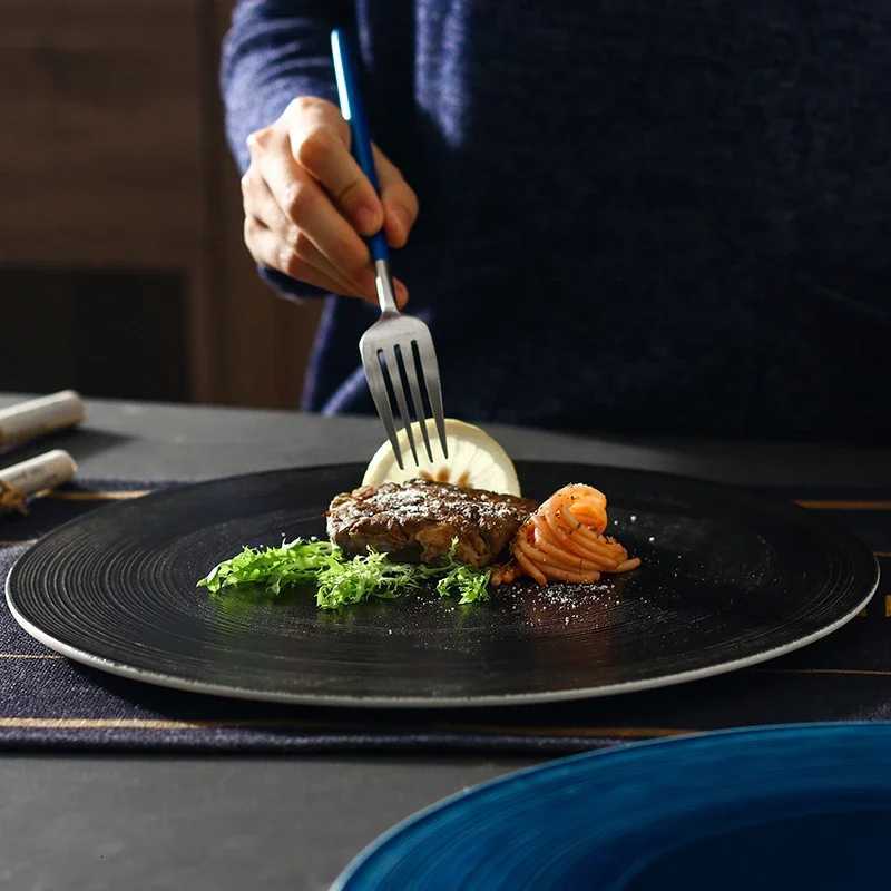 12 inch large round dish Large flat pizza plate sushi platos Ceramic tableware Flat plate Western food Steak plates set H251113