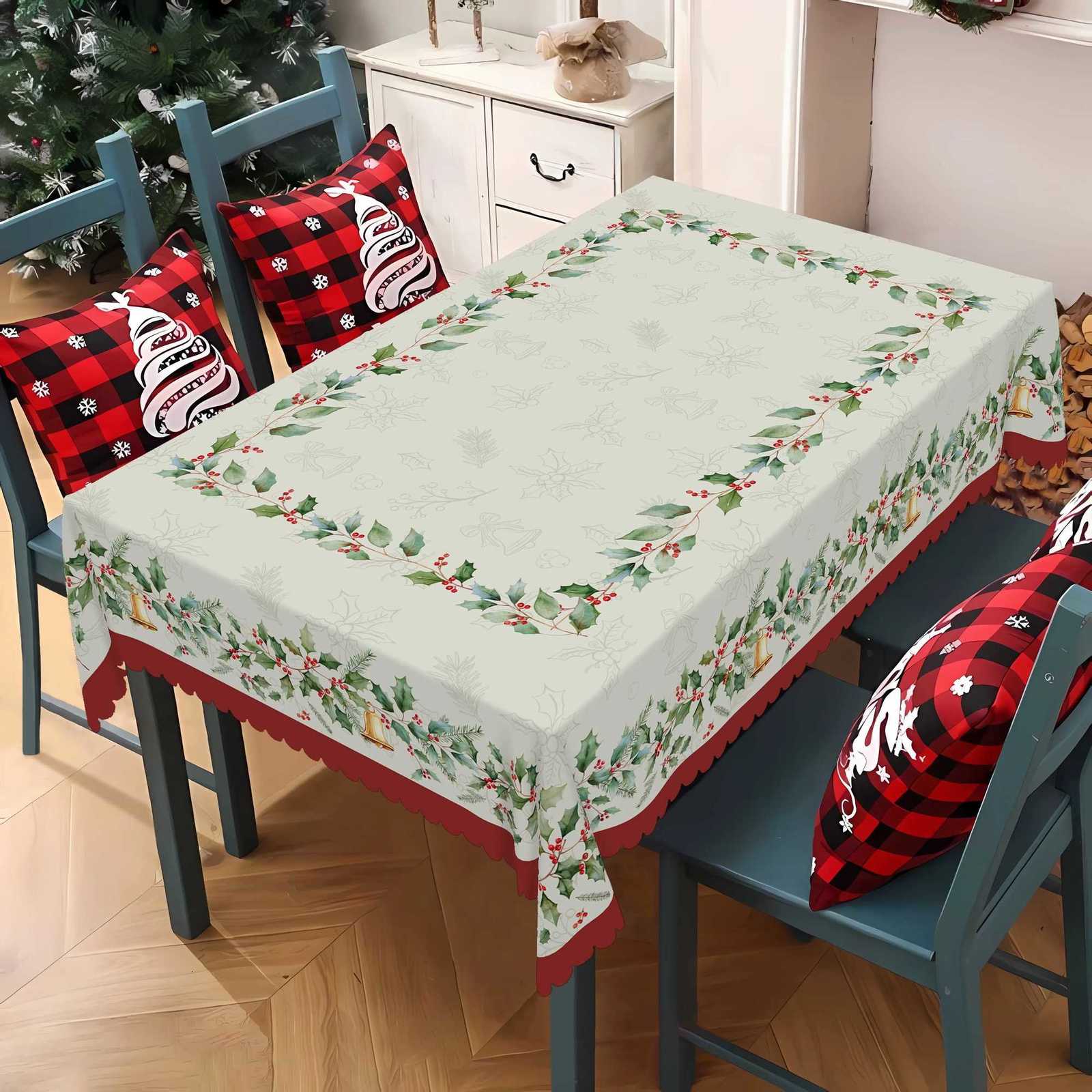 Christmas Merry Christmas Holly Berries Waterproof Tablecloth for Table Decor Winter Xmas Kitchen Dining Table Coth Christmas Decorations Y251113