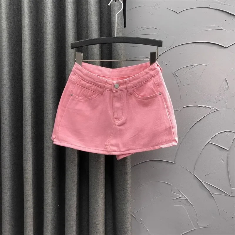Pink High-Waisted A- Line Denim Shorts Summer Fashion Two-Piece Illusion Midbody Skirt For Women Age-Reducing 250407