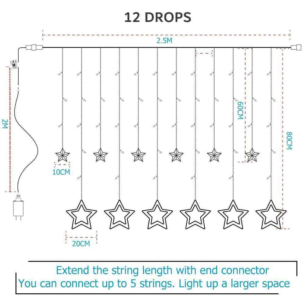 138LED Star String Light Waterproof 8 Modes Warm White Curtain Lights for Ramadan Party Bedroom Wedding Christmas Decoratio M251113
