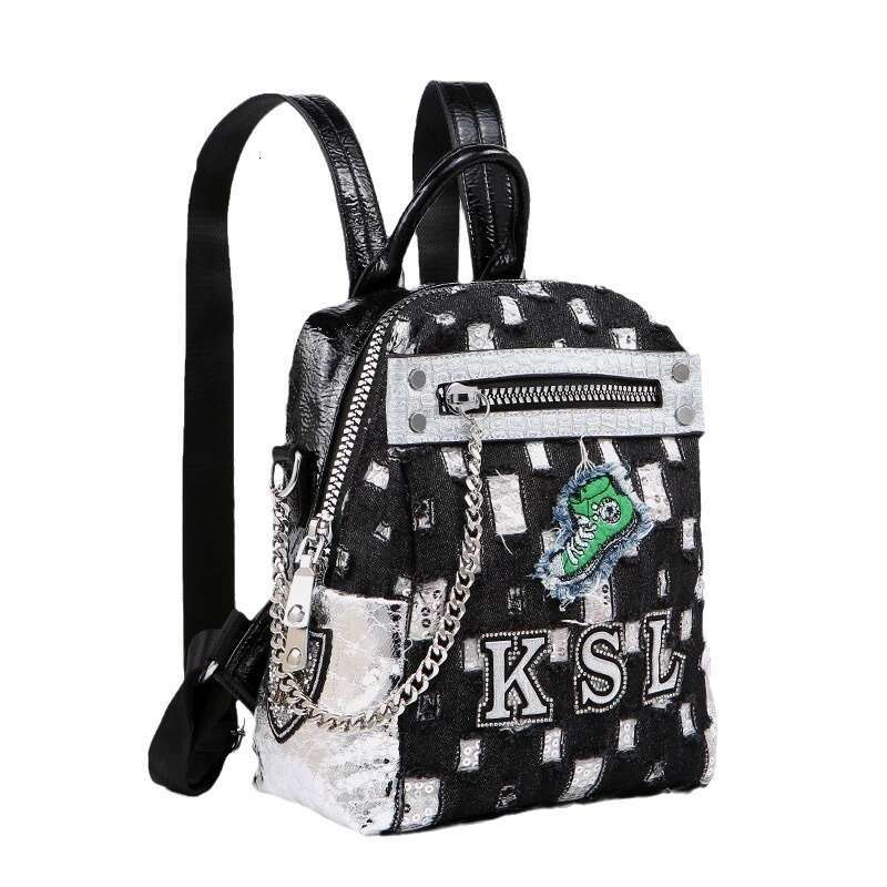 Backpack denim sequin for women new Japanese and Korean trendy letter chain backpack fashion crossbody bag