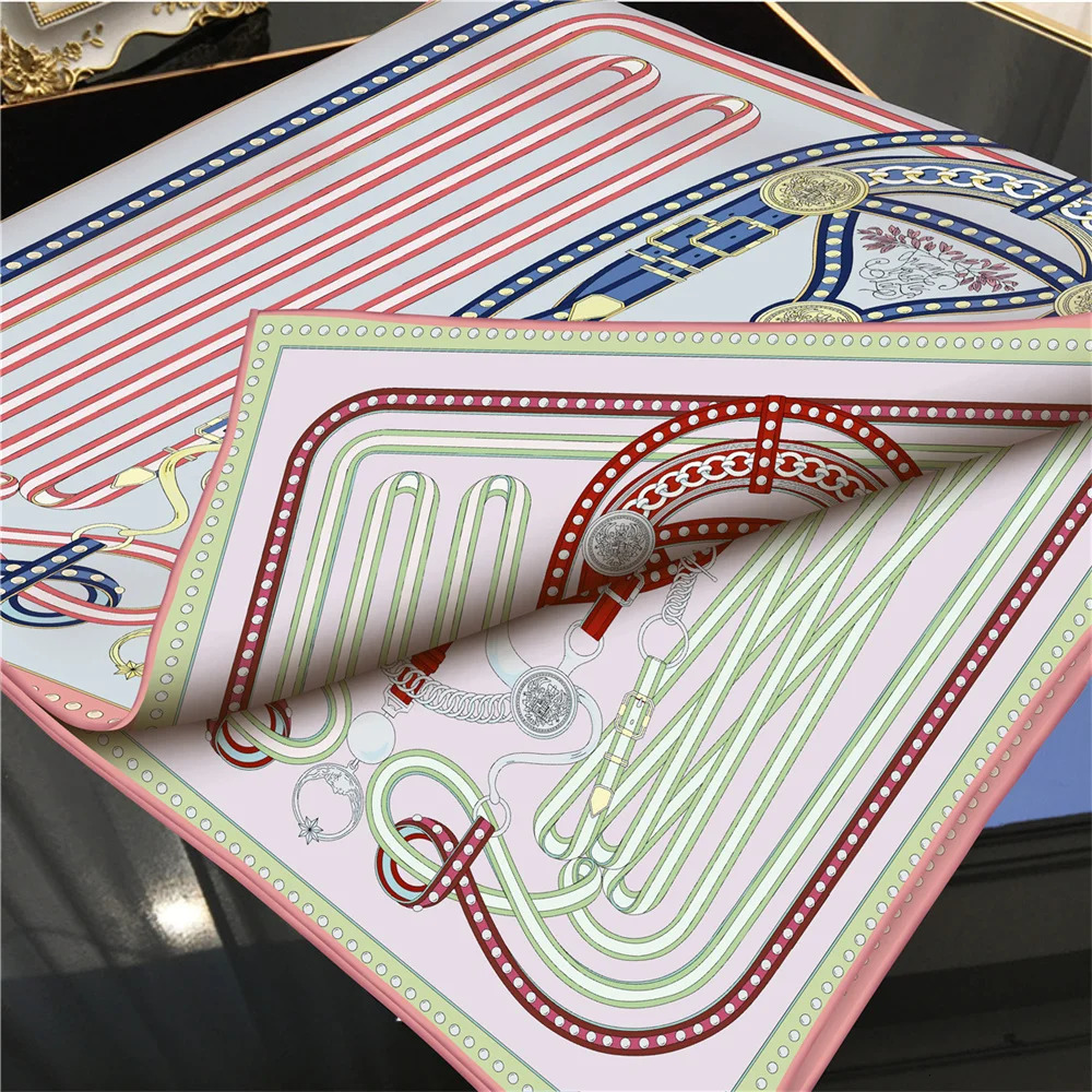 POBING Manual Hand Rolled Twill Silk Scarf Women Melt Chain Double Print Square Scarves Wraps Echarpes Foulards Femme Hijab 90CM 251110