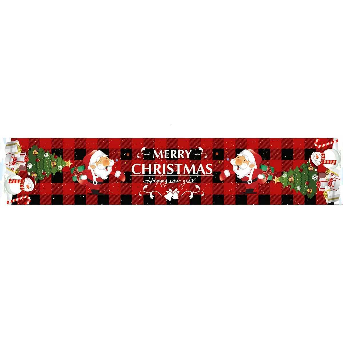 Christmas 1 Piece Christmas Table Runner Red and Black Checkered Pattern with Santa Claus Merry Christmas Text Festive Table Decoration Y251113