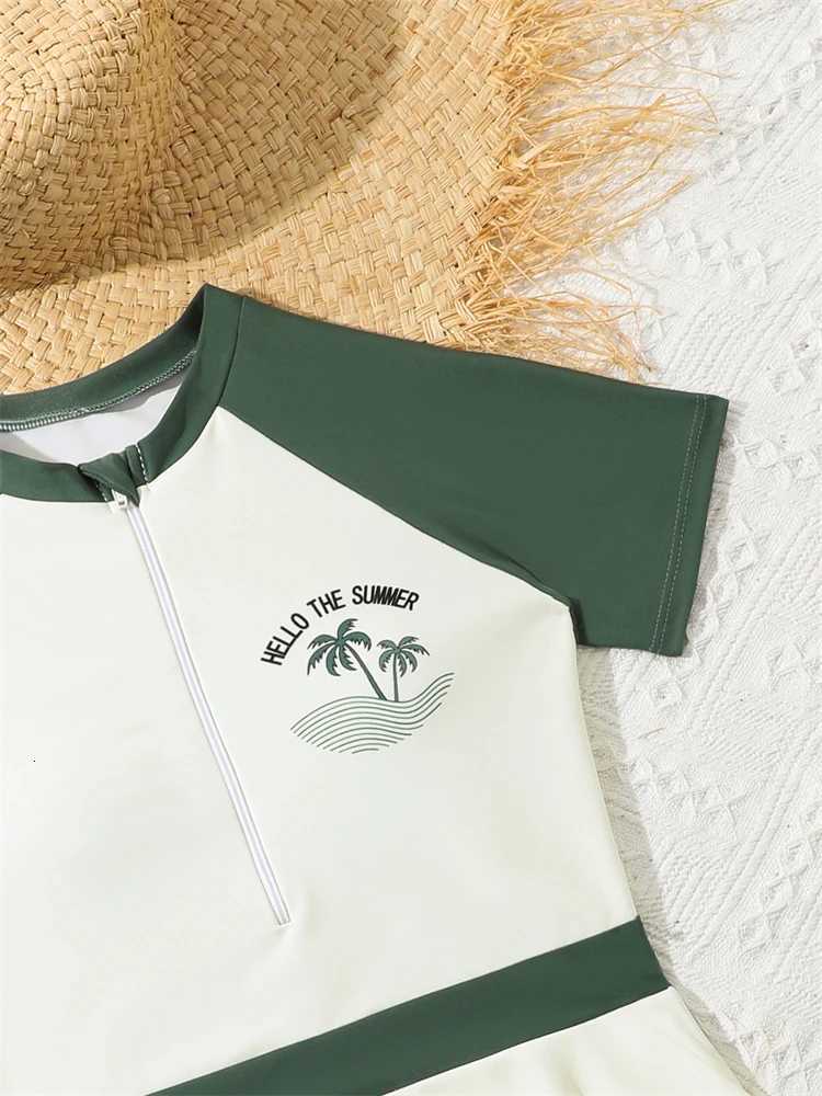 Kids Swimsuit Girls 2026 New Solid Short Sleeves Long Dress zipper Children Swimwear Summer Beachwear Bathing Suit Swimming GirlW251113