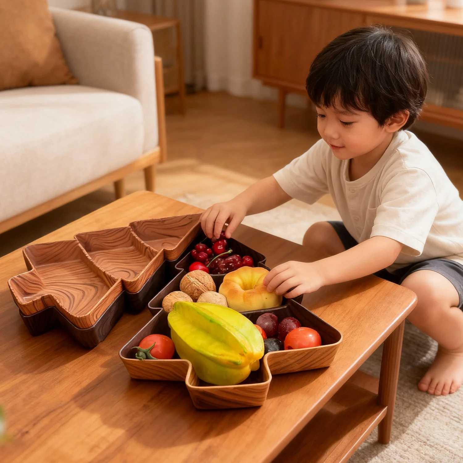 Christmas 1-5pcs Christmas Faux Wooden Snack Plates Candy Fruit Divided Trays Tree Shape Holiday Home Table Party Decoration Supplies Y251113