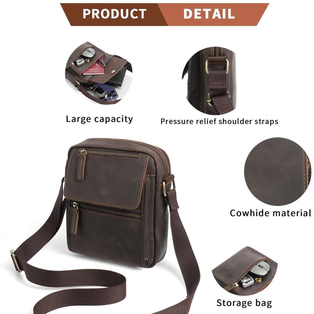 YATBEST Men's Large Capacity Multi Pocket Leather Single Shoulder Crossbody Commuter Retro Travel Bag