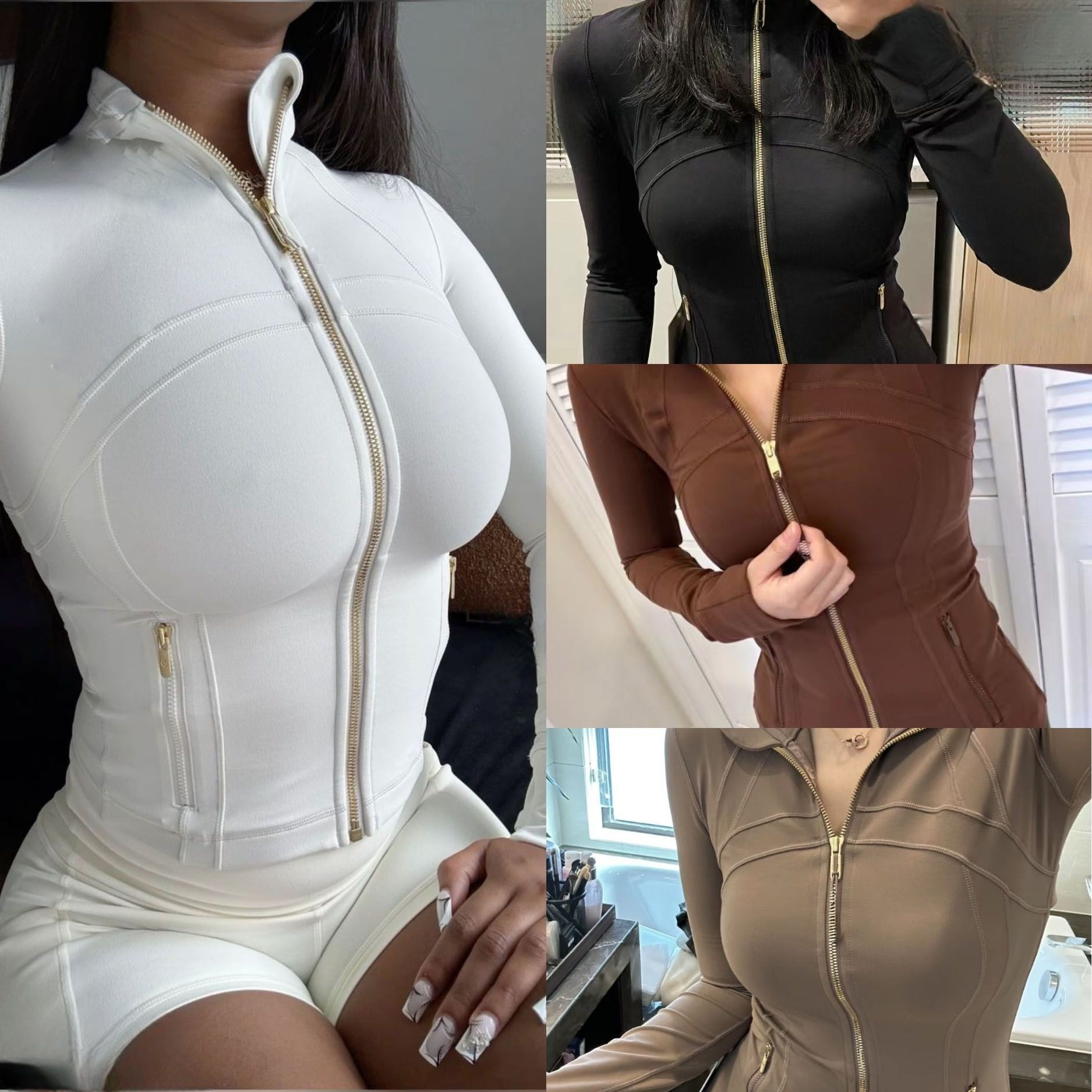 New Yoga Jacket Cropped Jacket With Gold Zipper Women Long Sleeve Sport Coat Fitness Gym Breathable Sweat-wicking Sweatshirt Jogging SportwearJackets