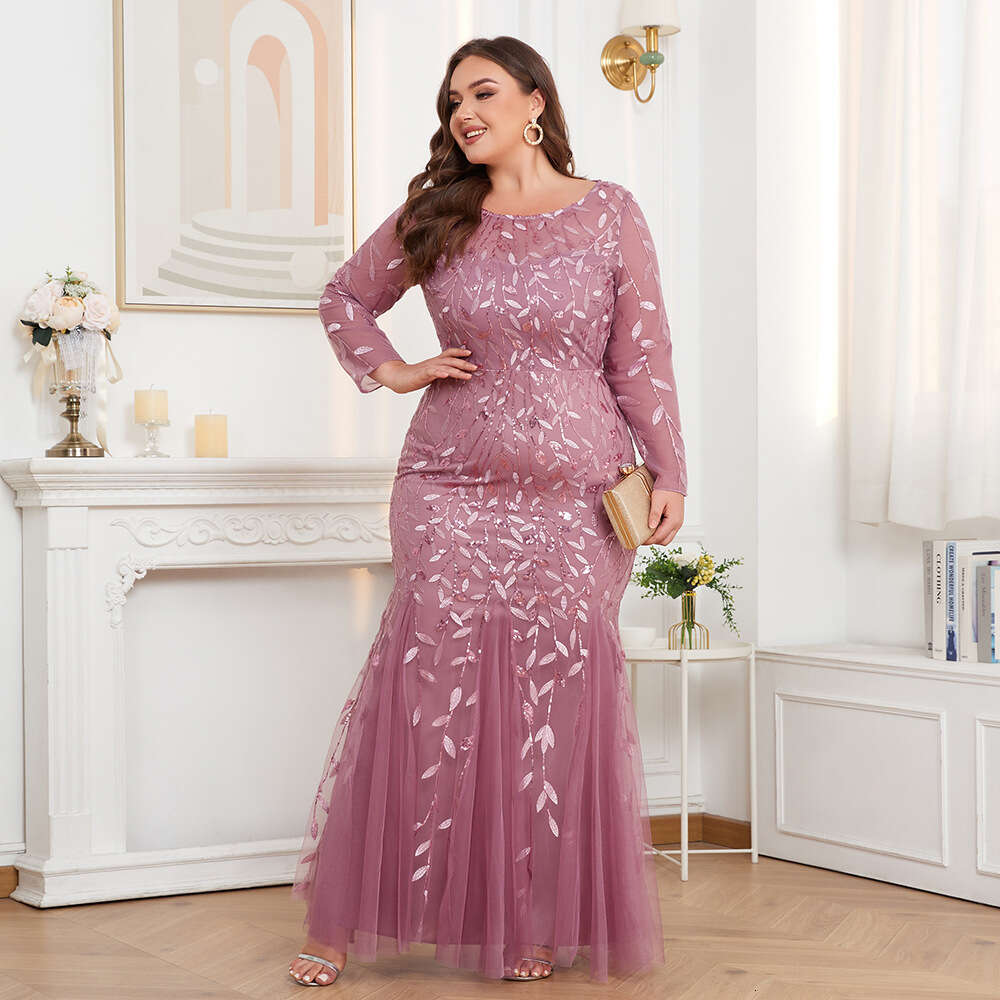 Designer Plus Size 2025 Hot Selling Sleeved Round Neck Fully Lined Back Zipper Fish Tail Long Skirt Embroidered Evening Gown