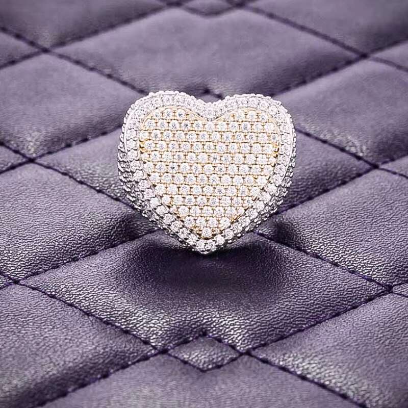 GRA Hip Hop Iced Out Bling 925 Sterling Silver Pass Diamond Tester VVS Two Tone Moissanite Heart Shaped Ring for Men New Design