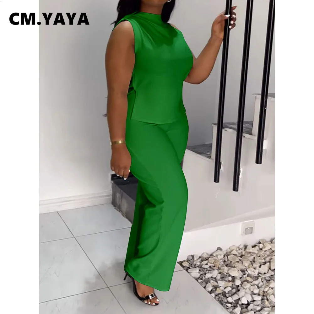 CM.YAYA Plus Size Womens Set O-neck Sleeveless T-shirt Vest and Pants Suits Sweatsuit Two 2 Piece Set Outfit Street Tracksuit 250410