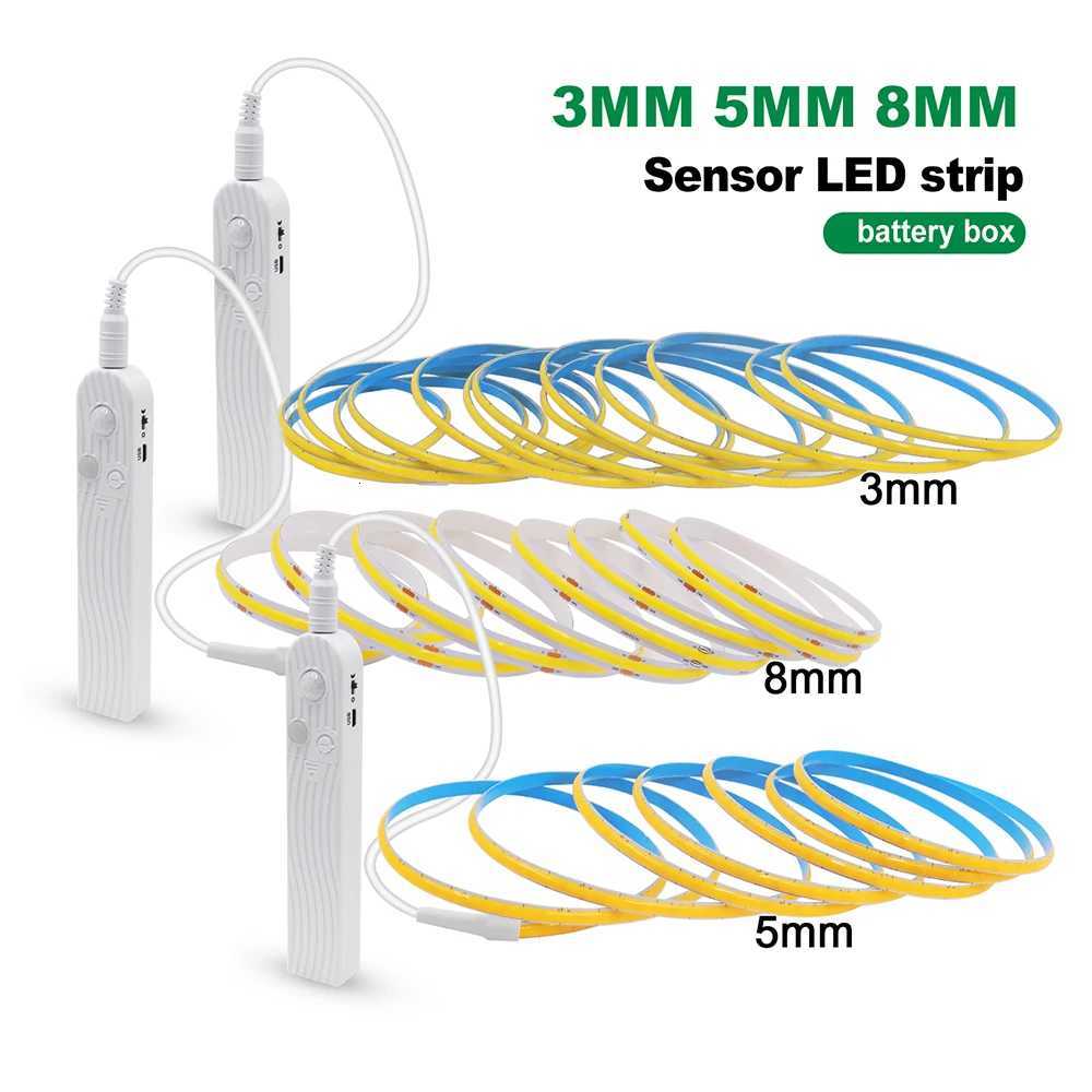 5V Motion Sensor Nigth Light COB Led Strip USB Battery Power 3mm 5mm 8mm PCB 320 LEDs Flex Lamp for Under Cabinet Kitchen Stairs W251112