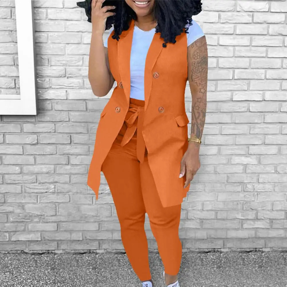 2 PcsSet Women Coat Trousers Suit Sleeveless Lady Waistcoat Trousers Suit Slim Fit Coat Pants Set 250410