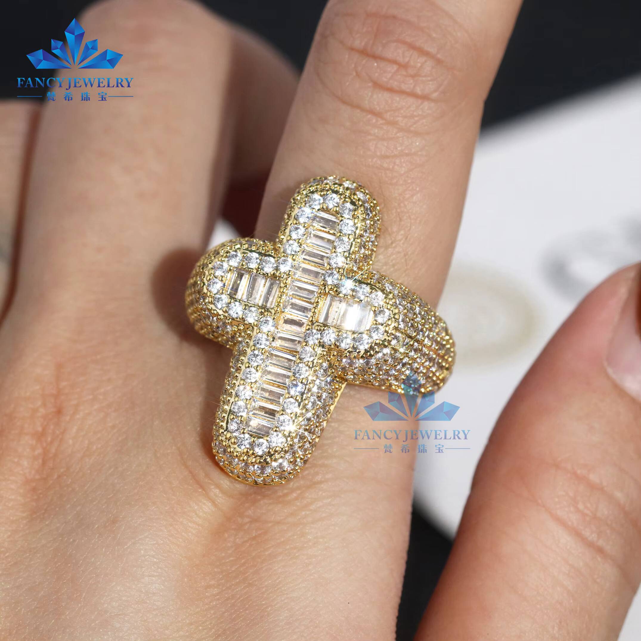 Wholesale Hip Hop Cross Gemstone Ring Men Ice Out 925 Silver Baguette Round Cut 18k Gold Plated Vvs Moissanite Cross Ring