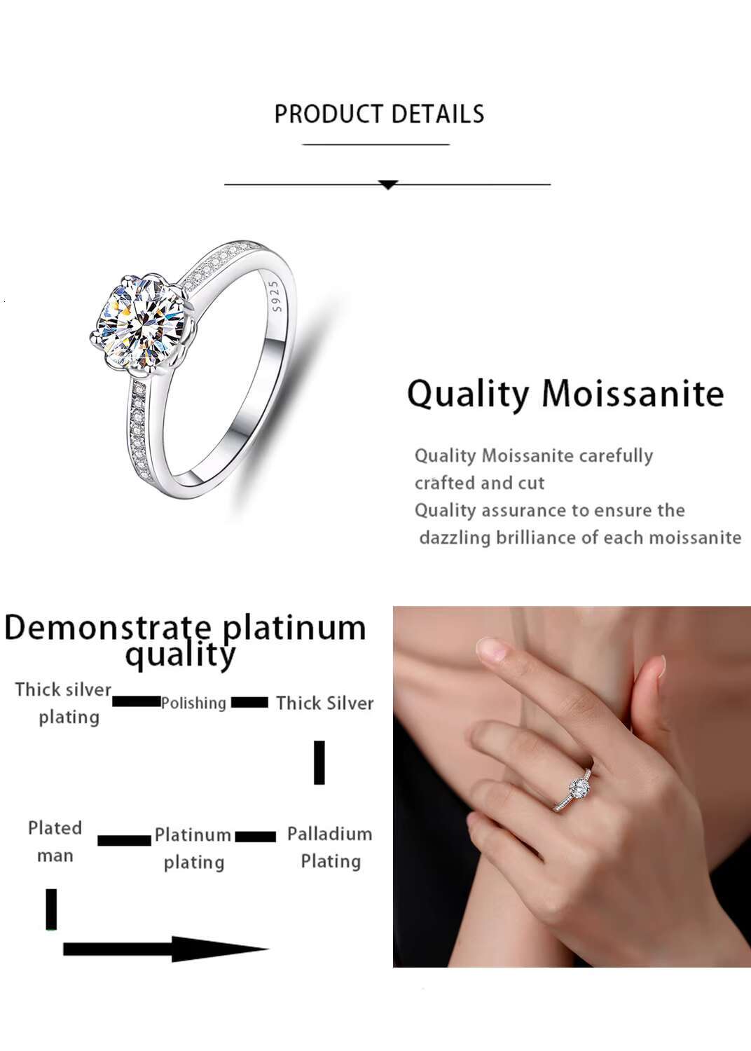 Waterproof Jewelry D Color 1Carat Sparkling Moissanite with GRA Certificate 925 Sterling Silver Moissanite Ring for Women