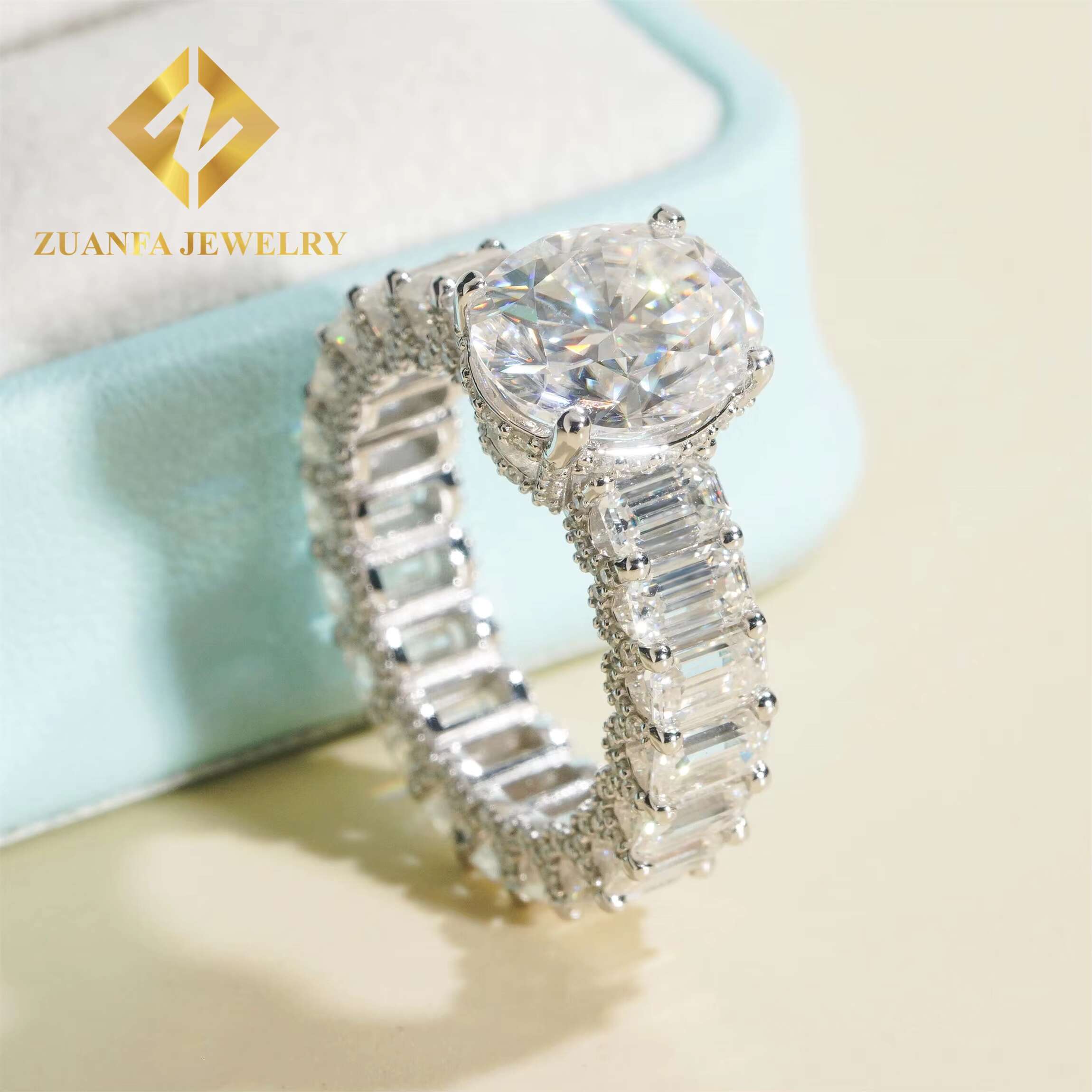 Luxury White Gold Color Boutique Bridal Wedding Jewelry Flawless 5Ct Oval +Emerald Moissanite Diamond Engagement Band Ring