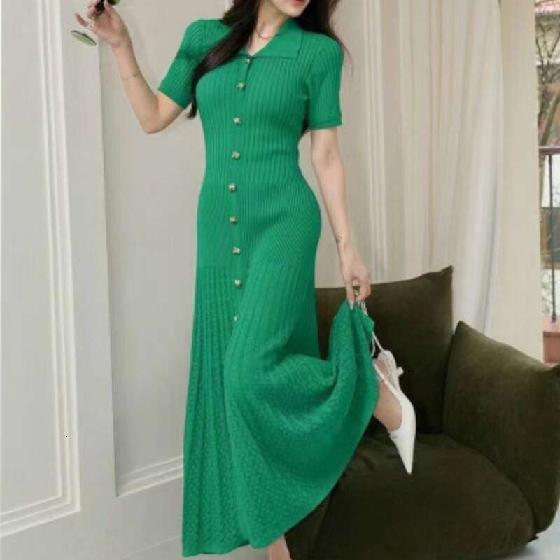 Designer New Chinese Socialite Style Short Sleeved Knitted Mid Length Dress For Summer 2025, Slimming Down
