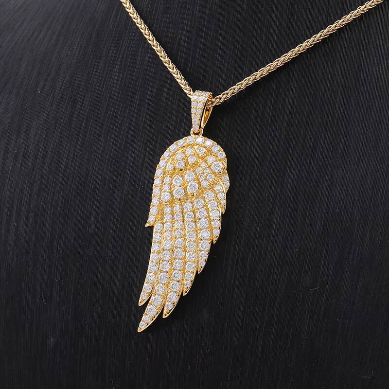 Custom 14k Yellow Gold Hip Hop Jewelry Feather Neck Pendant Round Brilliant Cut Moissanite Stone 925 Silver 10k 18k Gold Pendant