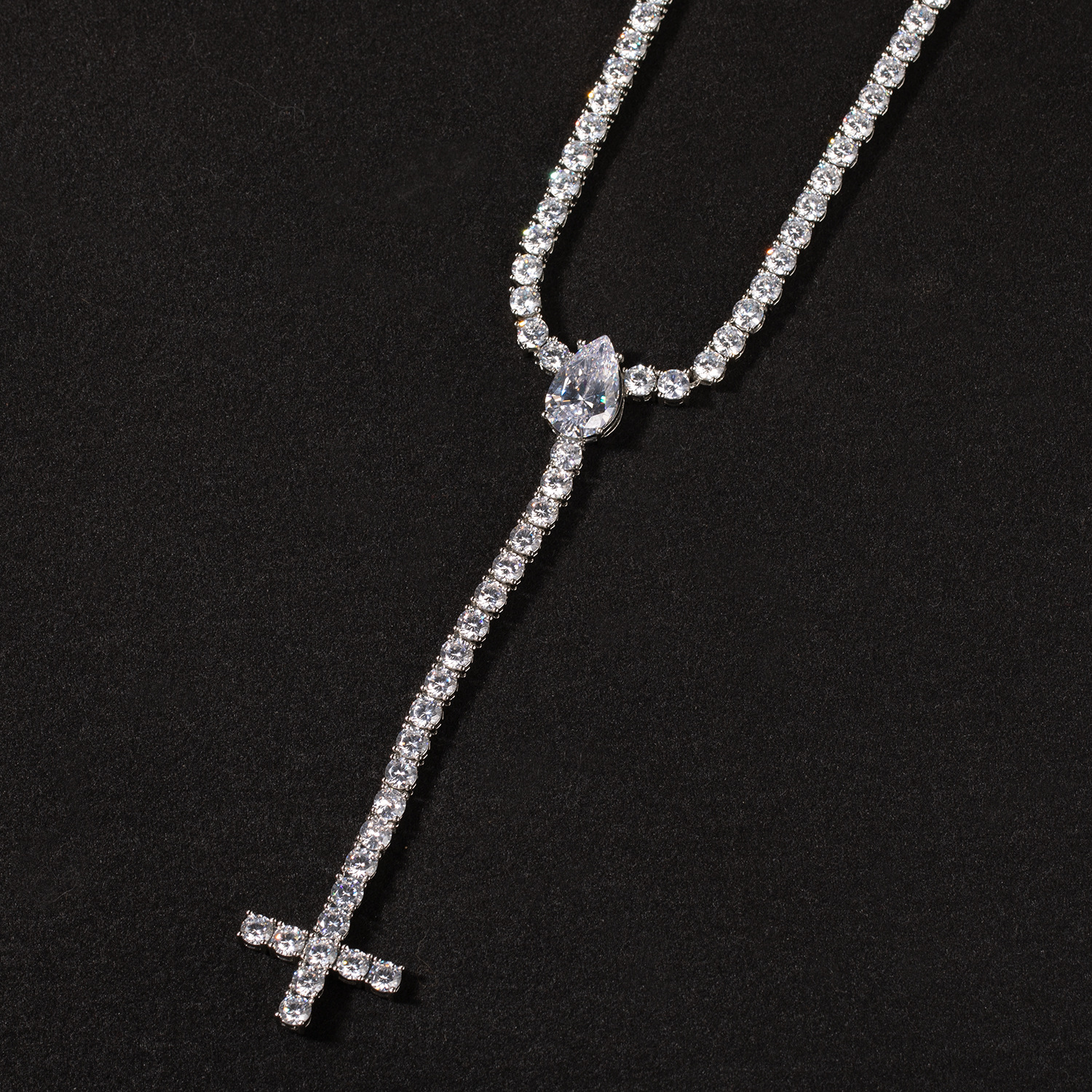 Hip Hop Long Cross Pendant Necklace 5mm Tennis Chain 5A Zircons Choke Chain Religious Jewelry
