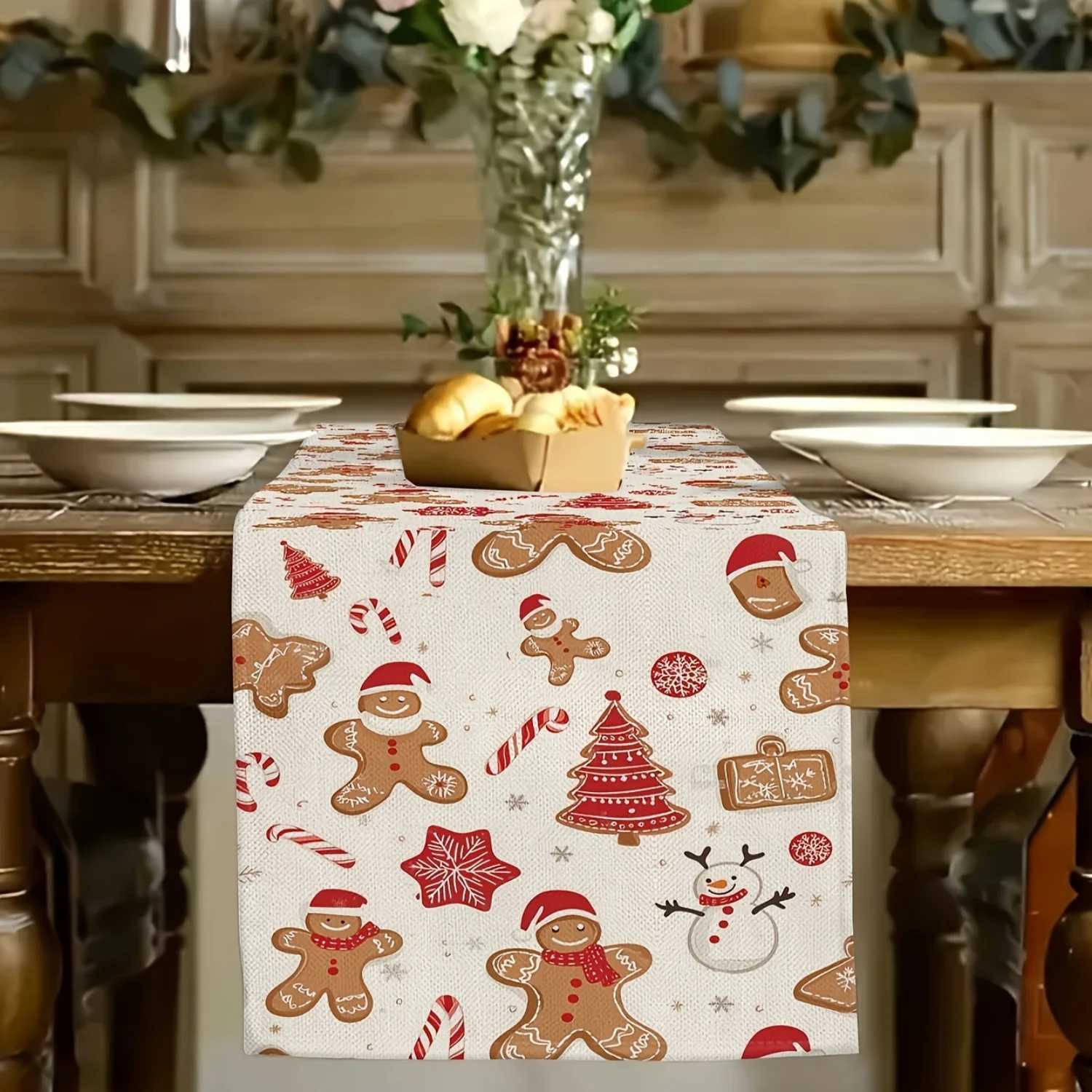 Christmas 1pc Christmas Table Runner with Gingerbread Design Polyester Material Machine Washable Multiple Sizes Available Y251113
