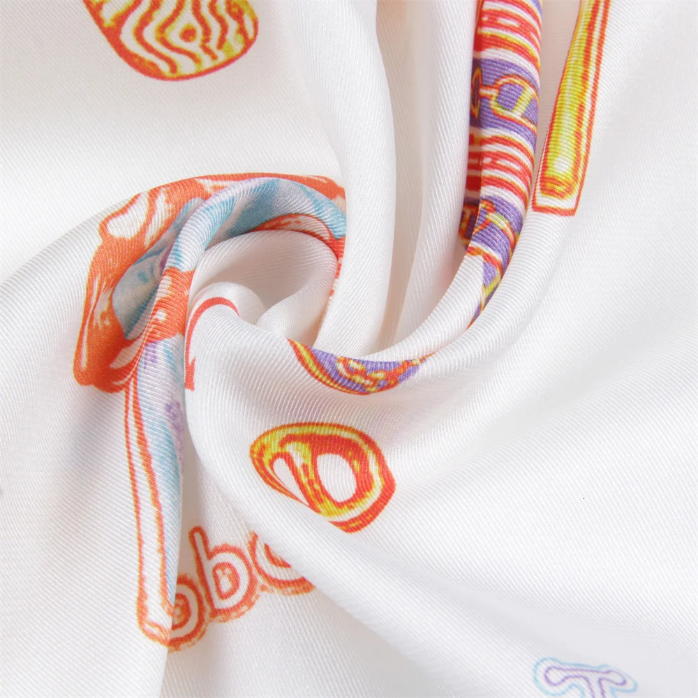 POBING Curled Twill Silk Scarf Women Funny ICE CREAM Double Side Printed Square Scarves Wraps Echarpes Foulards Femme Hijab 70CM 251110