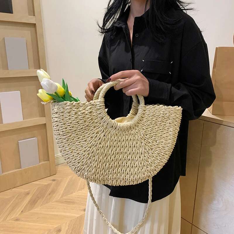 Handmade Beach Bag Women New Straw Handbags Woman Handmade Woven Basket Rattan For Femme Simple All-Match Handbag Kq1