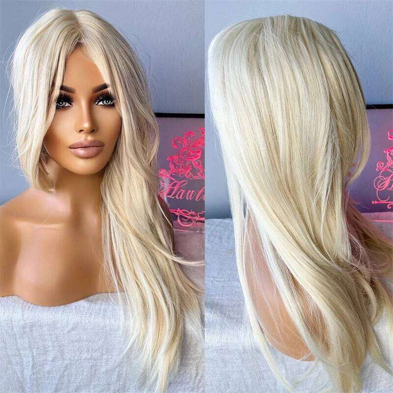 Natural Icy White Blonde Synthetic Wig Transparent Lace Frontal Wigs For Women Long Straight Hair TopSale