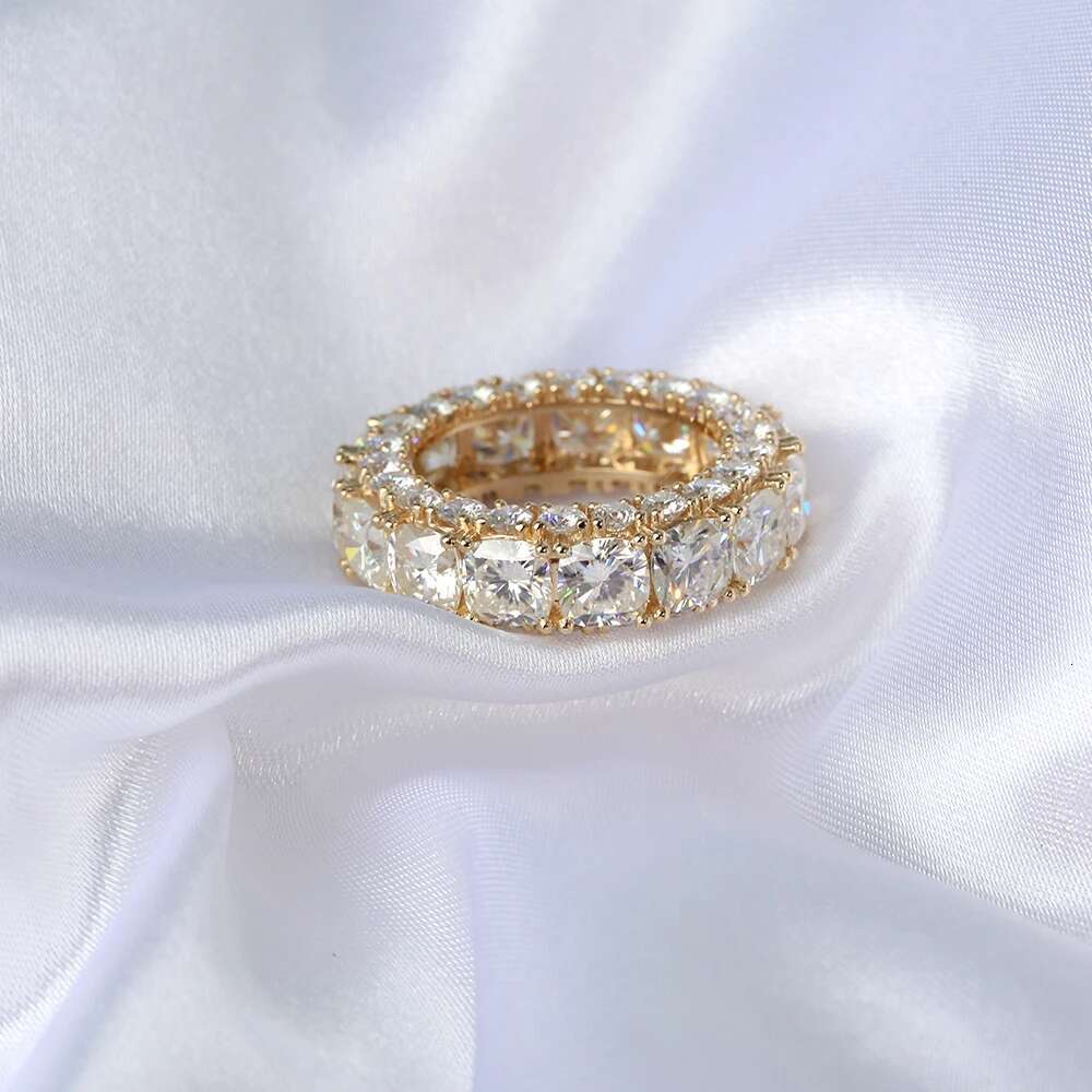 Solid 14K Yellow Gold DF Cushion Round 10.5ctw Moissanite Engagement Ring Full Diaond band For Women