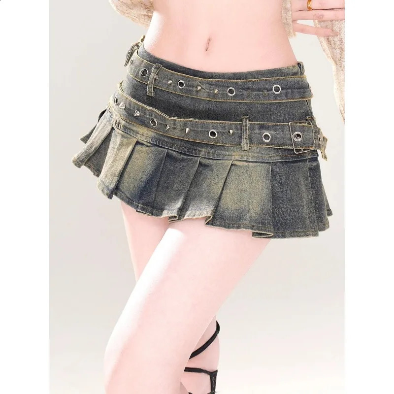 Simple solid color belt n high-quality denim skirt for women slim sexy versatile high-waisted A-line pleated mini skirt y2k 250407