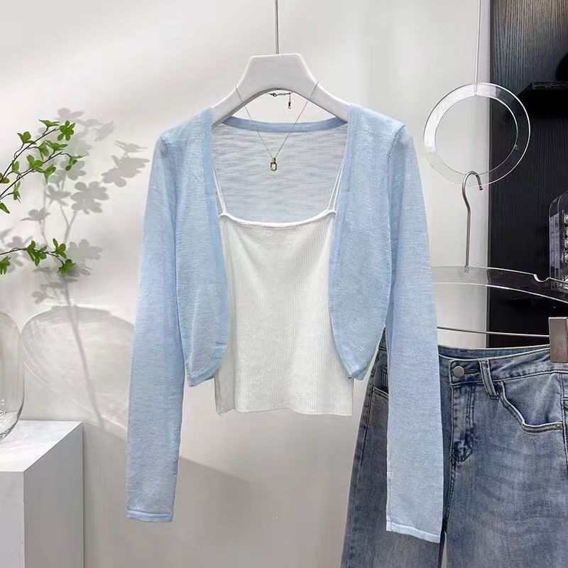 K382 Bamboo linen fabric French knitted cardigan jacket for women thin style with suspender skirt outer wear sun protection air conditioning shirt