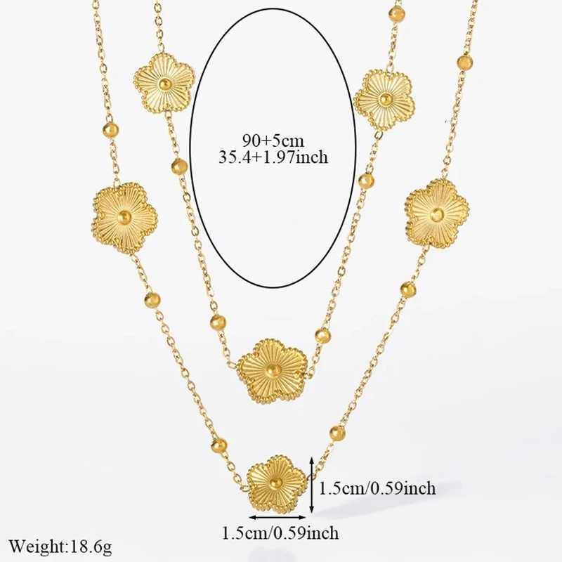 Luxury Fashion Double-Sided Laser Five-Leaf Flower Stainless Steel Double Necklace Women Gold Sweater Chain Party Daily Jewelry