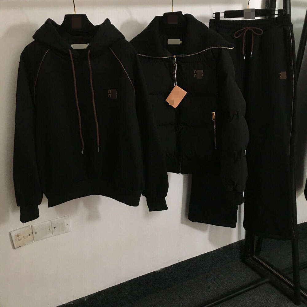 New M Home Warm Three Piece Set Leather Label Collar Coat Long Sleeve Hoodie Wide Leg Pants