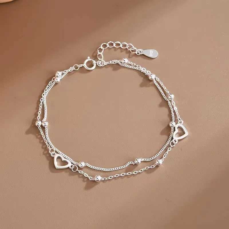 925 Sterling Silver Double Love Heart Hollow Round Beads Bracelet Female Fashion Romantic Jewelry Classic Adjustable GiftsC250411