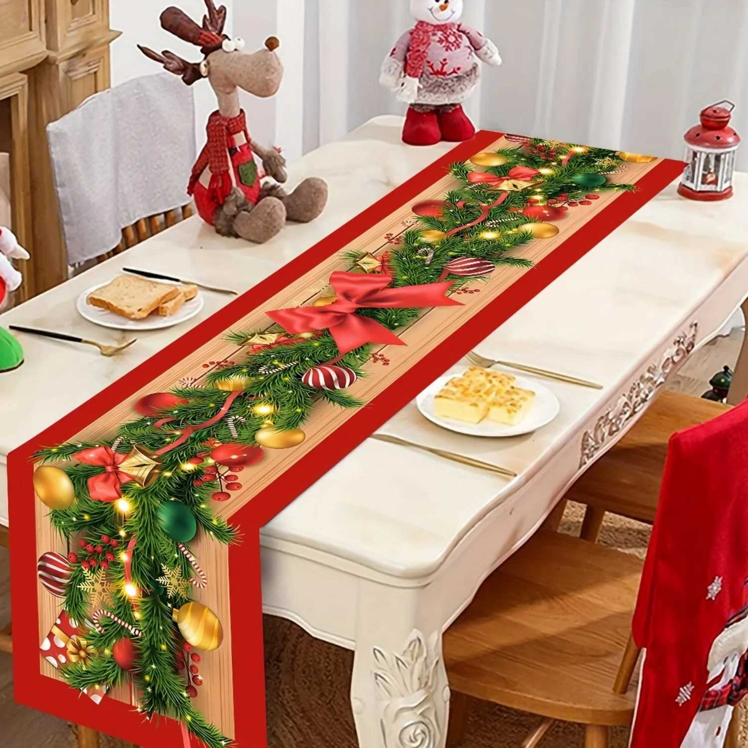 Christmas 1pc Merry Christmas Table Runner with Flower Vine Bow Design Polyester Xmas Table Flag Cover Christmas Decorations Y251113