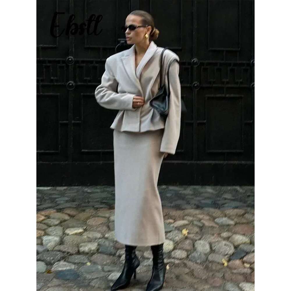 Slim Woolen Blazer Coat Skirts Set Women Grey Lapel Hidden Buckle Coats Hip Package Long Skirt 2025 New Female Elegant Outfits