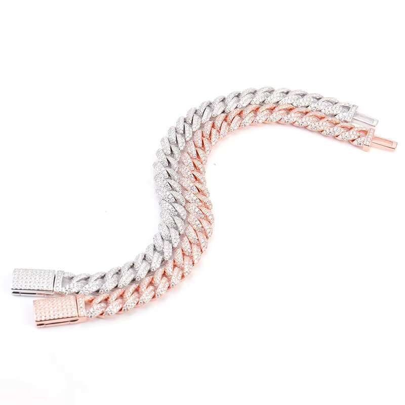 10mm Trendyy Hip-Hop 925 Silver 18K Rose Gold Plated Cuban Necklace Full Stone Bracelet Moissanite Double Row Beveled Edge