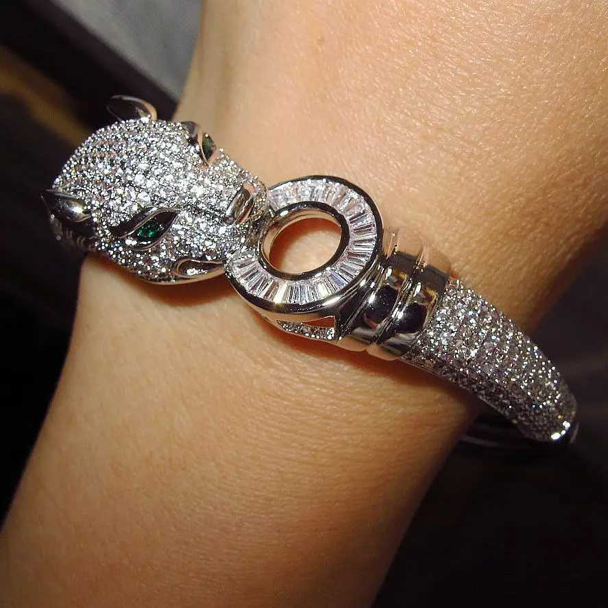 Leopard head AAA Cubic Zirconia Stone paved Animal Panther bangle for Women designer copper jewelryW251112