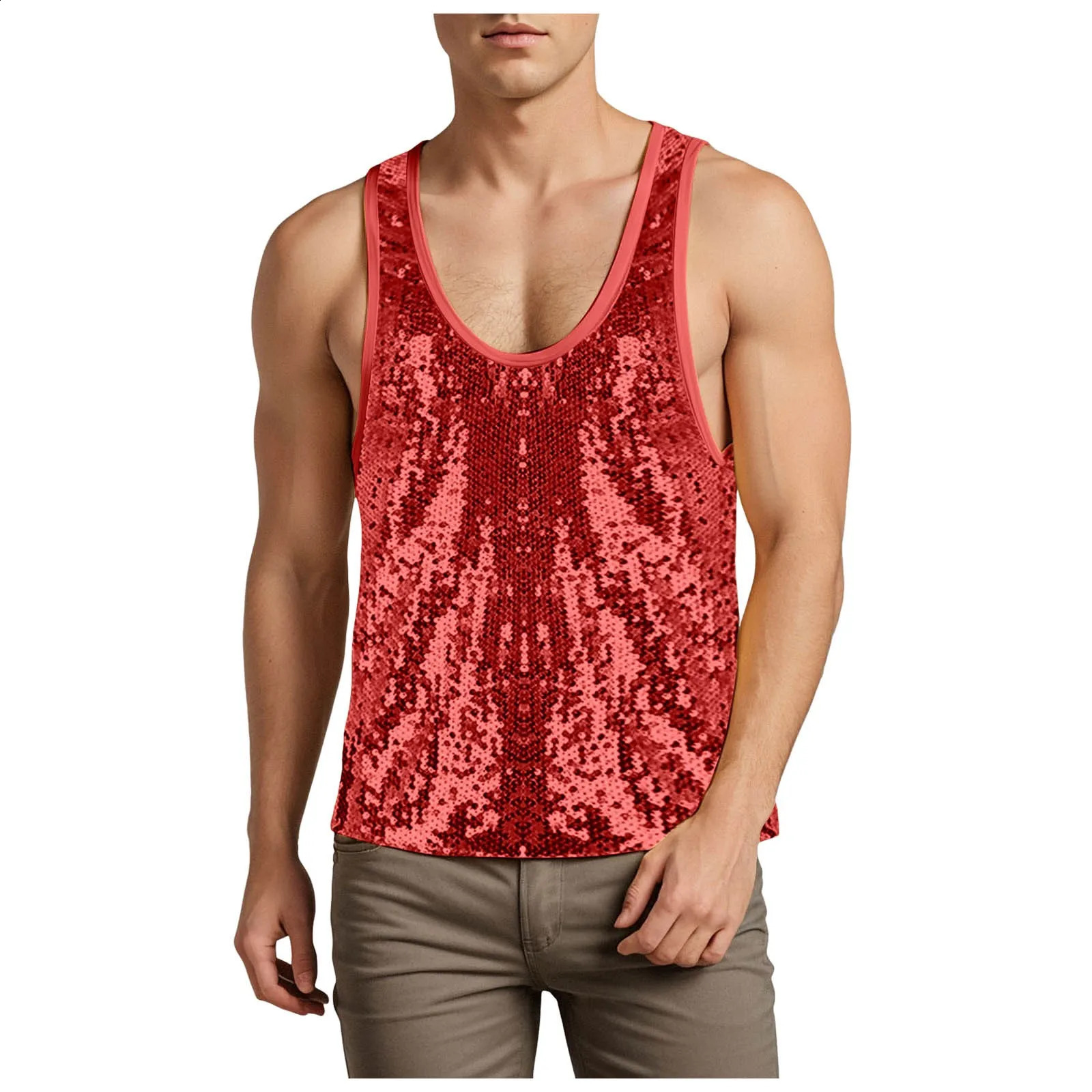Mens Summer Sequin Vest Beach Vacation Sleeveless U Neck Sequin Splicing Tops Male Temperament Sparkle Fashion Camisole 250407