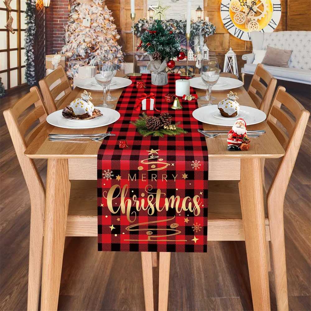 Christmas Christmas black red plaid table flag text Blessing Snow table Runner Family Holiday party kitchen table decoration Y251113