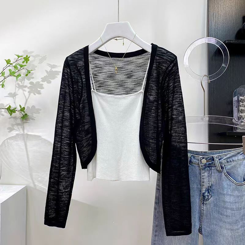 K382 Bamboo linen fabric French knitted cardigan jacket for women thin style with suspender skirt outer wear sun protection air conditioning shirt