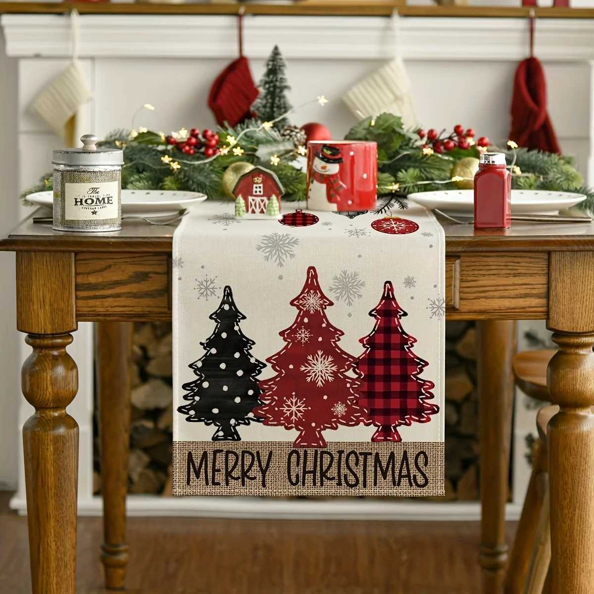 Christmas 1 Piece Merry Christmas Table Runner - Festive Dining Room Decoration with Red Pine Trees Woven Holiday Table Decoration Y251113