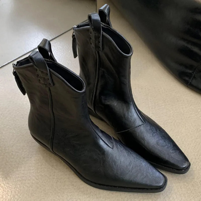 Western Cowboy Boots For Women Retro Sewing All-matching Lnight Boots Mid Heel Leather Pointed Toe Female Shoes Chelsea Boots 250411