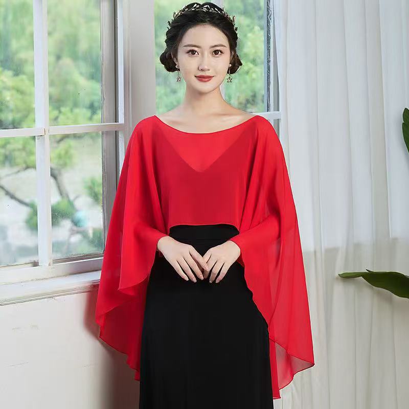 K384 Short solid color chiffon cape round neck thin loose breathable shawl go out all-match simple cloak
