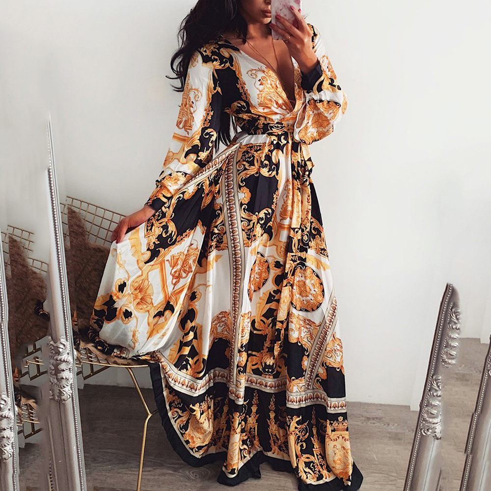 2025 Evening Dress Printed Dress V-neck Hooded Long Sleeve Large Swing Split Long Dress