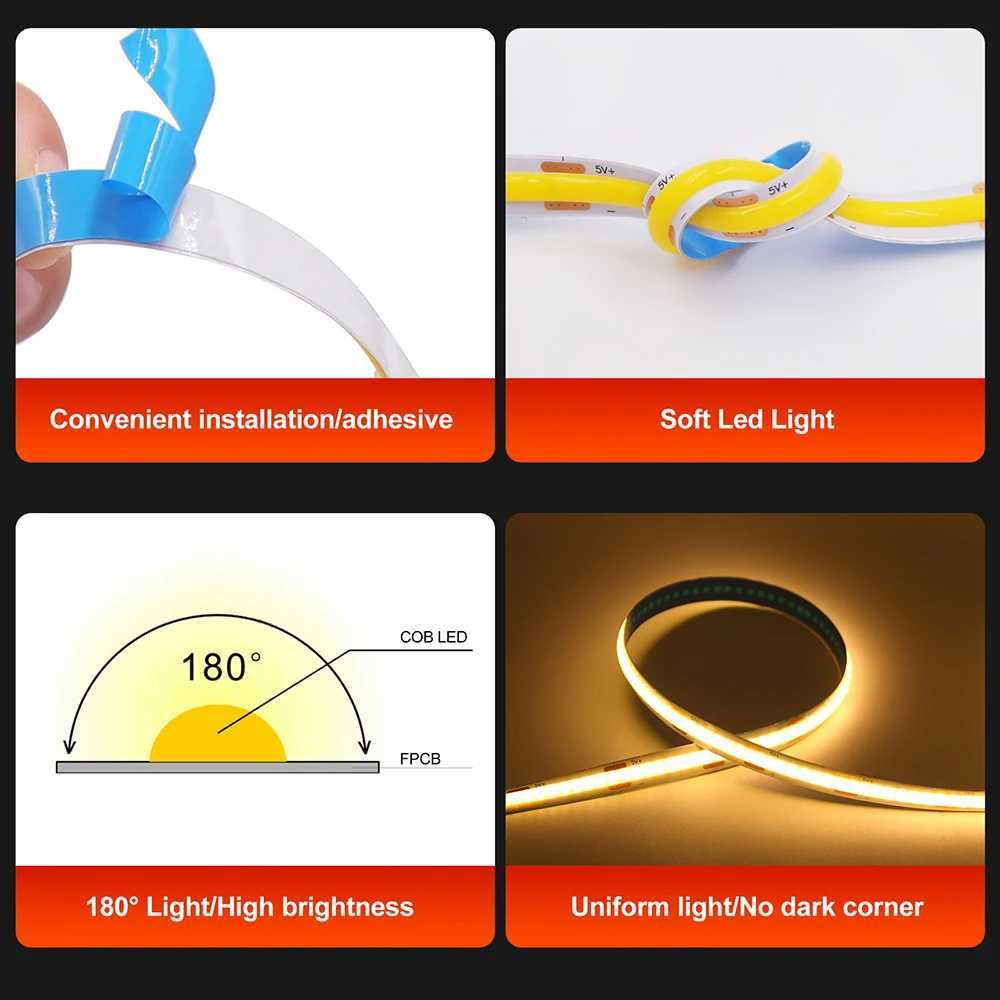 DC 5V COB LED Strip Light With USB 2PIN Wire DC Plug 8MM 320LED High Density Flexible Tape 3000K 4000K 6000K Warm Natural White W251112