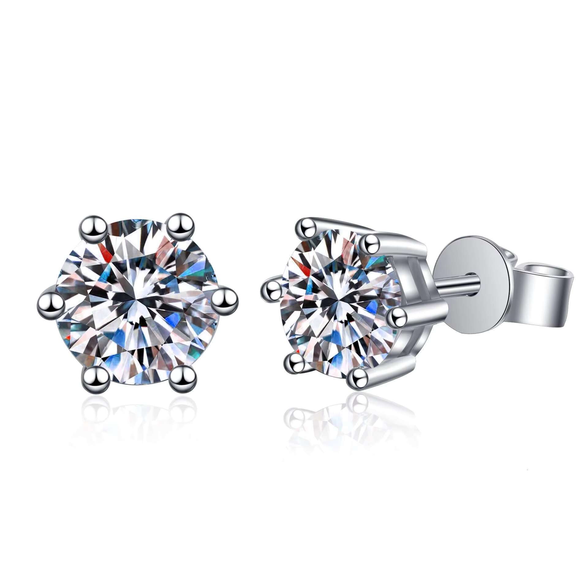 Wholesale 925 Sterling Silver Round Moissanite Classic Six Claw Womens Jewelry Stud Earrings for Ladies Christmas Gift