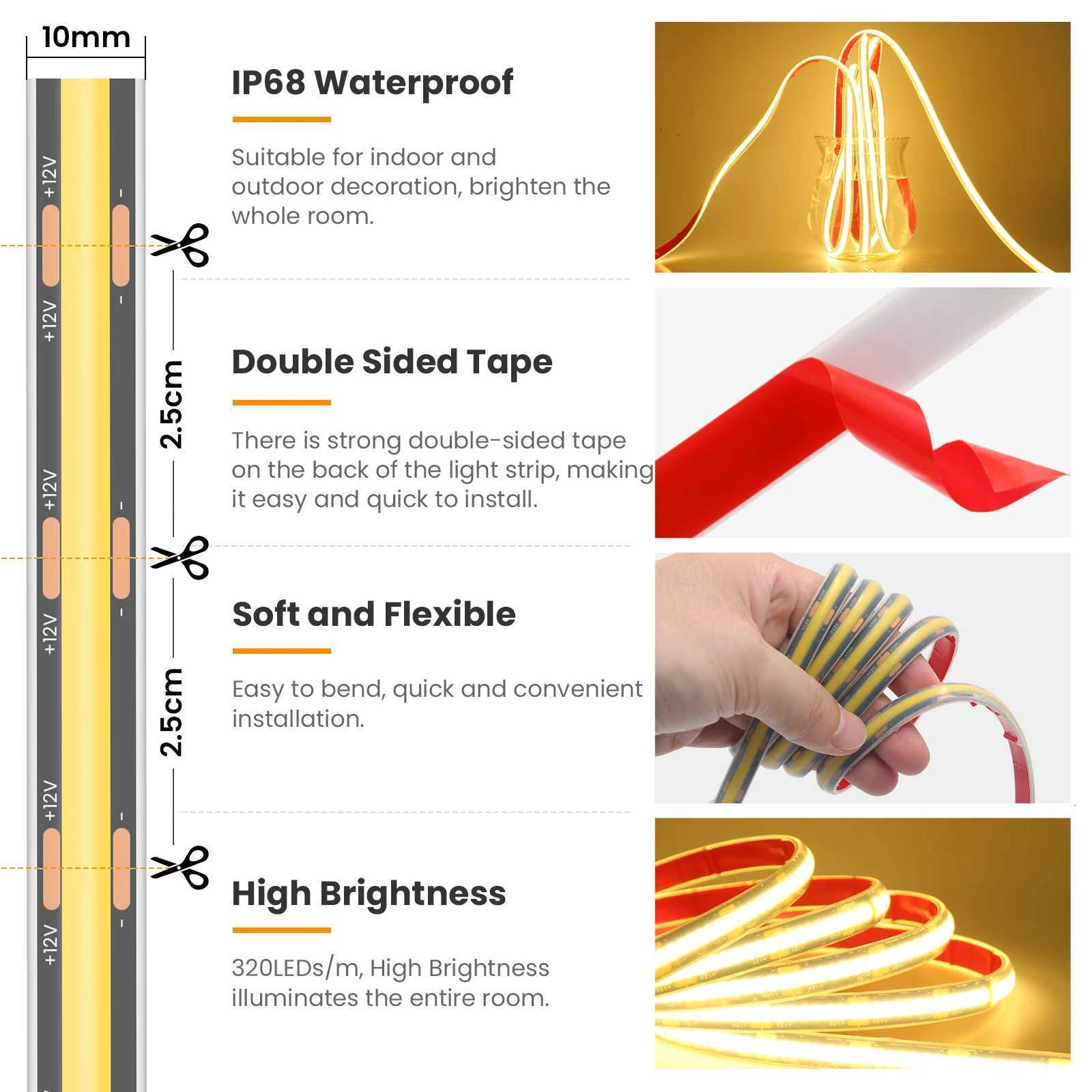 12V 24V COB LED Strip 320LEDs/m 8mm Flexible LED Tape Ribbon for Room Decor 3000K 4000K 6000K IP68 Waterproof Rope Lamp W251112
