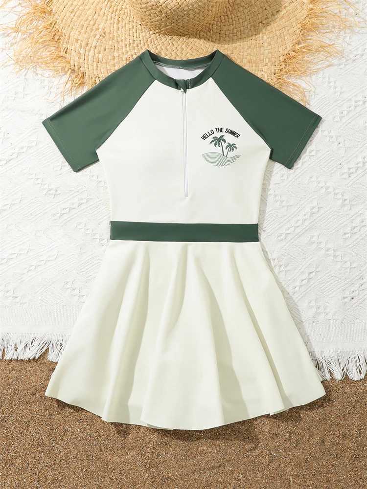 Kids Swimsuit Girls 2026 New Solid Short Sleeves Long Dress zipper Children Swimwear Summer Beachwear Bathing Suit Swimming GirlW251113