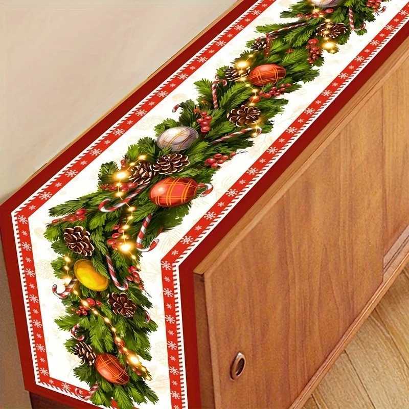 Christmas 1pc Classic Christmas Table Runner with Pine Needles and Ornaments Festive Holiday Dining Decor for Christmas Table Setting Y251113