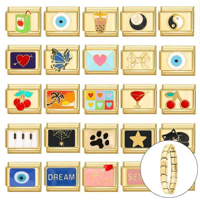 New Gold Color Devil Eyes Butterfly Star Bow Cat Cherry Italian Charm Links Stainless Steel Fit 9mm Bracelet Making DIY JewelryC250411